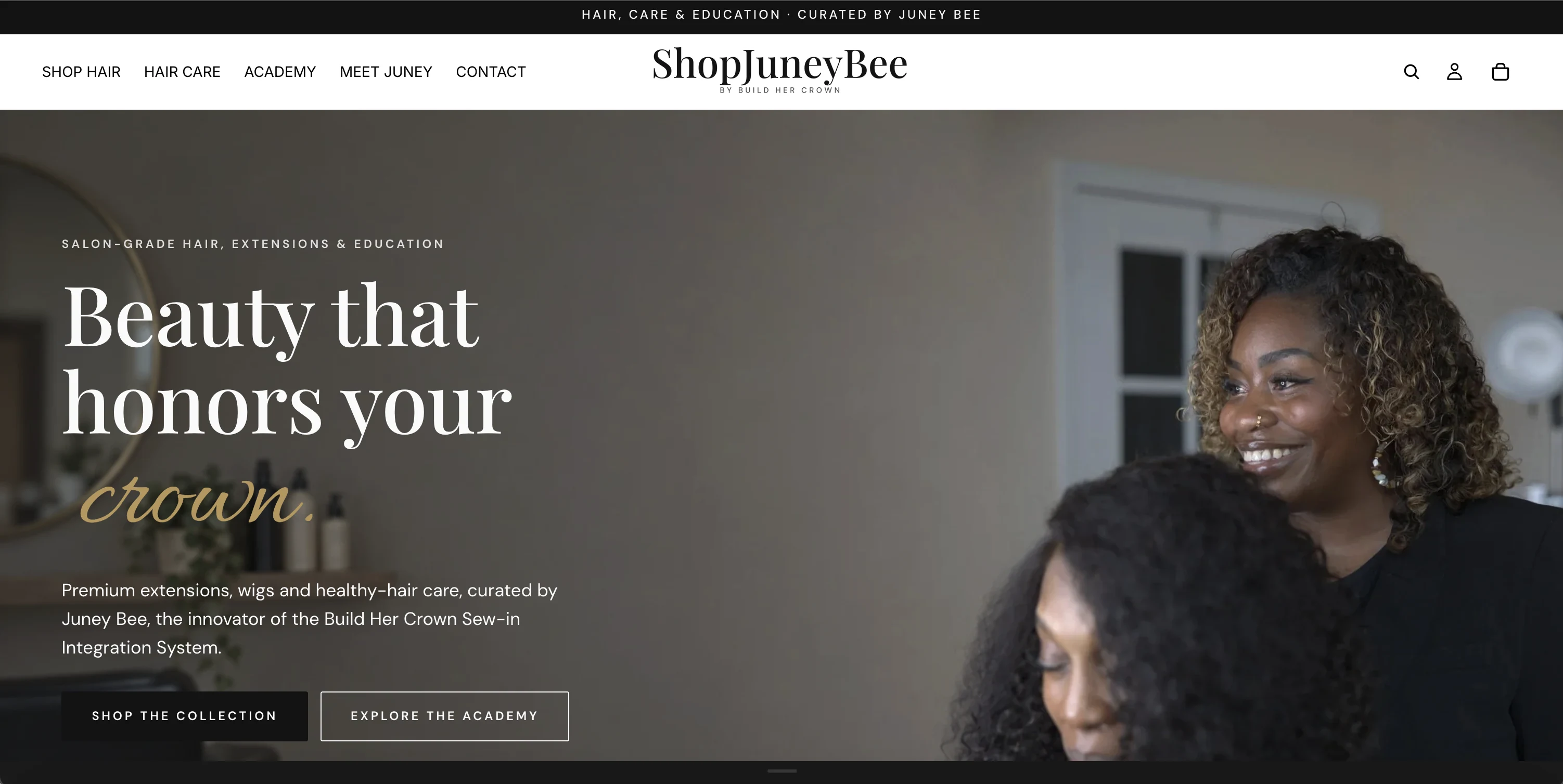 ShopJuneyBee website: hair, care and education, with Juney styling a client's hair